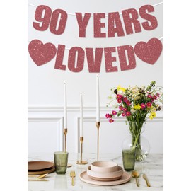 Birthday Decorations for Women Pre-Strung Glitter Rose Gold 90th Happy Birthday Decorations Banner for Her Elegent Home Indoor Birthday Party Decor 90 Years Loved
