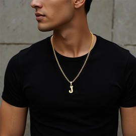 SAELACY Gothic Initial Necklace for Men Women Gold Silver Tone 26 Letters Pendant Necklace, 3.5mm Stainless Steel Cuban Chain Necklaces (J, gold)