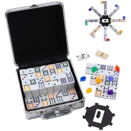 Homwom - Juego de juego de tren mexicano de 12 dominó de lunares de colores, 91 azulejos con 9 trenes, marcador, cubeta en forma de octágono y caja de aluminio