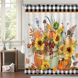 Mocsicka Fall Shower Curtain Autumn Pumpkin Leaves Harvest Bathroom Shower Curtain Thanksgiving Farmhouse Waterproof Bathtub Curtain Decor with 12 Hooks 72 X 72 Inches