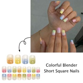 24PCS Short Press on Nails Square Shape Nails Colorful French Tip Fake Nails with Gradient Designs Full Cover Nude False Nails Stick on Nails Summer Acrylic Nails Glossy Glue on Nails for Women