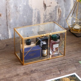 Utopz Decorative Clear Glass Box with Golden Geometric Line & Brass Shadow Box, Jewelry Display Treasure Case