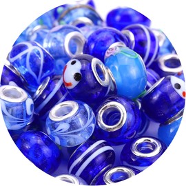 AIPRIDY 50Pcs 15x11mm Murano Large Hole Glass Beads Blue Color with Silver Brass Cores European Beads for Jewelry Making (Saphire)