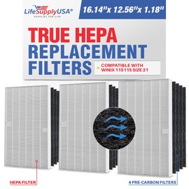 LifeSupplyUSA Complete Replacement Filter Set (1 True HEPA Air Cleaner Replacement Filter + 4 Carbon Filters) Compatible with Winix 115115 Air Purifiers (3-Pack)