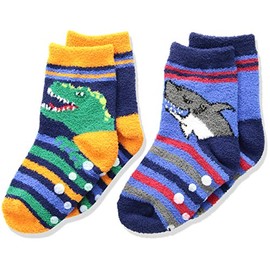 Jefferies Socks boys Dinosaur and Shark Fuzzy Non-skid Slipper 2 Pair Pack Socks, Multi, X-Small US