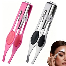 Precision LED Tweezers for Eyebrow & Facial Grooming, 2 Pack Stainless Steel Slanted Tip with Light, Long Professional Pointed Tweezers, for Grooming Home & Travel Use (Pink Silver 2 Pcs)