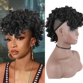 CINHOO Deep Curly Black Mohawk Ponytail Wigs for Black Women,Afro Puff with Bangs Faux Mohawk Hair Piece Black Women Natural Black Clip in Mohawk Hair Wigs for Woman with 6 Clips (1B#)