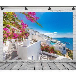 CORFOTO 5x3ft Fabric Blue Sea Santorini Island Backdrop Greece White Architecture Oia Luxury Resort Photography Background for Mamma Mia Party Decorations Greek Birthday Party Decor Kids Photo Props