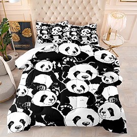 DYcolor 3D Kids Cartoon Lovely Panda Bear Printed Quilt, 3-Piece Lightweight White and Black Panda Comforter Set with 1 Comforter and 2 Pillow Cases for Boys, Girl (Black, Twin)