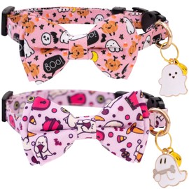 Faygarsle 2 Pack Breakaway Cat Collar Collection - Ghosts Pattern Cat Collar with Bell - Seasonal Holiday Bowtie - Fall - Pink, Purple