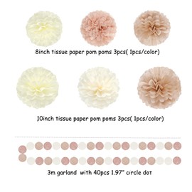 Champagne-Gold Beige Boho Baby-Shower Party-Decorations - 23pcs Fall Rustic Neutral Bridal Wedding Paper Tissue Pom Poms Streamers,Retro Tassel Garland,Girl Birthday Banner Decor Lasting Surprise