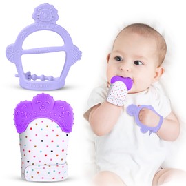 Vicloon Baby Teething Gloves with Teether Toy, Soft Teething Ring Baby, BPA-Free, Soothe Sore Gums, Gloves Teether Toy for 0-6 Months, Baby Purple