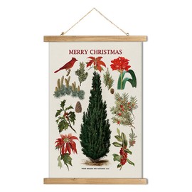 XIAOAIKA Vintage Christmas Tree Wall Decor Printed on Linen Fabric with Scroll Style Wooden Frame: Festive Plants and Red Bird Design for Home and Holiday Celebrations (16" x 23")