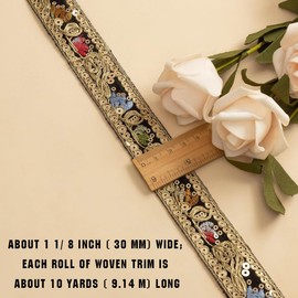 CABODYALS 9.14M 25mm Black Gold Jacquard Metallic Sequin Ribbon Embroidered Vintage Floral Trimming Ethnic Thin Glitter Polyester Ribbons for Sewing Making Clothes Dress Decor DIY Crafts Invitations