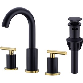 TRUSTMI Brass Bathroom Faucet 2 Handle 8 Inch Widespread Vanity Sink Mixer Faucet with Overflow Pop Up Drain Assembly, Swivel Spout, Matte Black and Brushed Gold, BF1256-2L