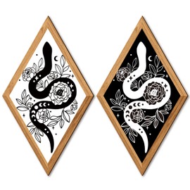 Gerrii 2 Pieces Black and White Floral Moon Snake Wall Art, Rustic Witchy Wooden Snake Decor, Natural Aesthetic Witchy Desk Altar Frame, Hanging Boho Wall Art for Apartment Bedroom Bathroom