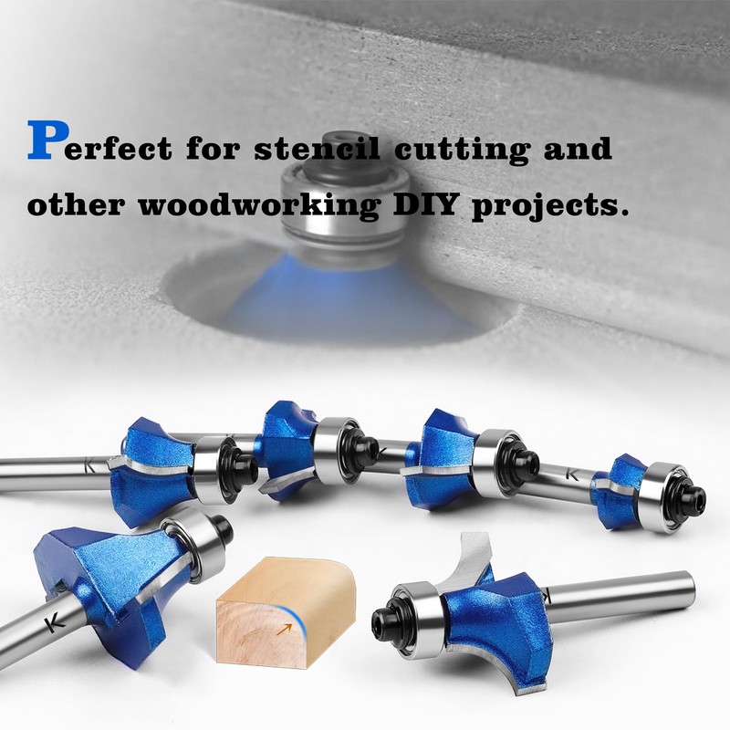 6Pcs Roundover Router Bit 1/4 Shank,Radius 1/8" 3/16" 1/4" 5/16"