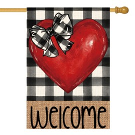 AVOIN colorlife Love Heart Valentines Day House Flag 28x40 Inch Double Sided, Buffalo Plaid Welcome Anniversary Wedding Yard Outdoor Flag