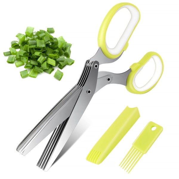 Herb Scissors, Stainless Steel Kitchen Scissors, 5 Blades, Chives Scissors, Vegetable Scissors, Spice Scissors with Cleaning Comb and Safety Cover, Kitchen Herb Scissors for Herbs, Chives, Parsley
