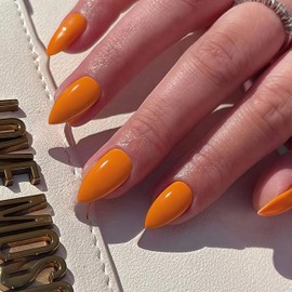 Orange Nails Press on, Winter Reusable Press on Nails Short Almond Shaped, SXVME Glue on Nails Short Fake Nails, Best Thick Acrylic False Nails, Glossy Solid Colored Stick on Nails for Women 30Pcs