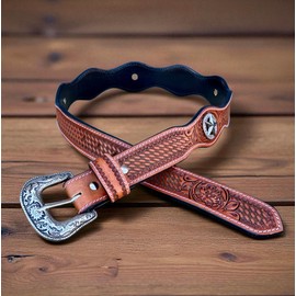 DANIEL'S ARTPLANET Men's Western Leather Belt Handmade Full Grain Leather Tooled Cowboy Belt with Removable Buckle 1.5” (Fits size 30 jeans)