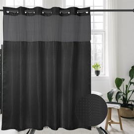 goodbath Ringless Shower Curtain, Waffle Shower Curtains for Bathroom,Mesh Top Window,180 x 188cm, Black