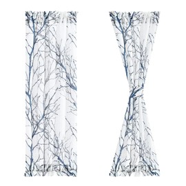 FMFUNCTEX Blue Semi Sheer Side Door Curtains 72 Inches Long Front Glass Patio Door Windows, Privacy French Door Curtain Panels, Branch Pattern Sidelight Curtains with Tiebacks, Rod Pocket 2 Panels