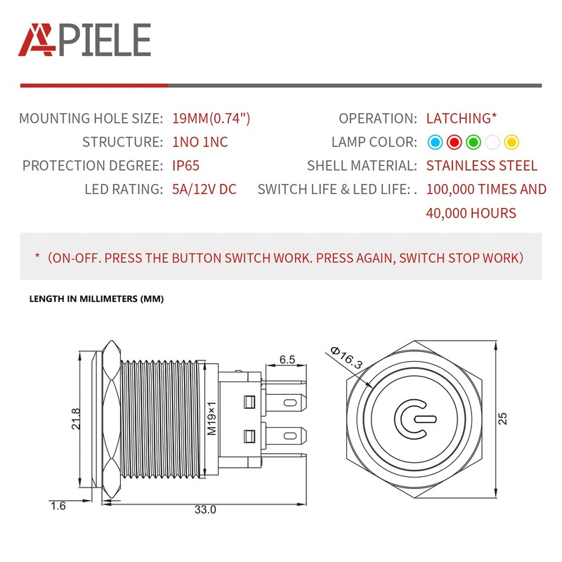 APIELE 19mm Latching Push Button Switch 3/4" 12V Power Symbol