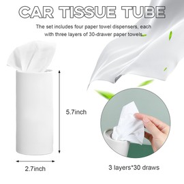 Gasedin 4 PCS Car Tissue Holder, Travel Tissues Packs Round Paper Napkins Container with Papers Inside, Paper Towel Cylinder Fits Automotive Cup Holder, Interior Car Accessories (White)