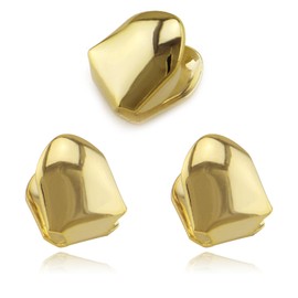 3 Pieces 18K Gold Plated Gold Finish Gold Teeth Grillz Single Teeth Cap Crown, Hip Hop Mouth Grills with Adhesive Beads Party Accessories for Men Women