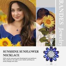 RANDES Sunflower Necklaces for Women 925 Sterling Silver Dainty Blue Sapphire Flower Necklace September Birthstone Necklace
