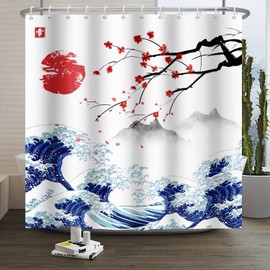 Xiaoterna Traditional Japanese Painting Shower Curtain Kanagawa Great Wave Shower Curtain Red Cherry Flowers and Sun Japanese Mountain Scenery Anti Mould Waterproof Bathroom Curtain 105x160cm