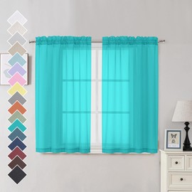 OVZME Turquoise Sheer Curtains 45 Inches Long 2 Panels, Light Filtering Sheer Panels for Kitchen, Elegant Airy Transparent Draperies for Living Room Nursery Room, Dual Rod Pocket, Each 42Wx45L