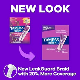 Tampax Radiant Tampons Multipack, with LeakGuard Braid, Light/Regular Absorbency, Unscented, 26 Count
