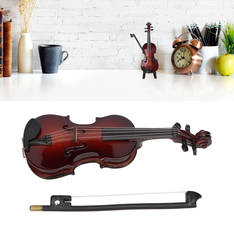 Wooden Miniature Violin with Stand Bow and Case Mini Musical