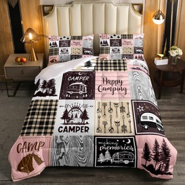 Erosebridal Camping Twin Comforter Set for Kids,Pink Camper Girls Bedding Set for Bunk,Rv Accessories Quilt Bedding for Travel Trailers Rustic Farmhouse Buffalo Plaid Bed Duvet Set 1 Pillow Case