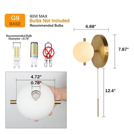 Soutas Wall Light Sconce with Pull Chain Globes Gold Brass Wall Lights mid Century Modern Light fixtures Globe Glass Wall Mount Light Bathroom Vanity Light for Bedroom Hallway Kitchen Sink