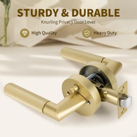Bak Bo Interior Privacy Door Handle with Lock, Indoor Knurled Heavy Duty Gold Door Lever Satin Brass Finish, Reversible Keyless Left Right Handed Round Turn Lockset for Bedroom & Bathroom 1 Pack