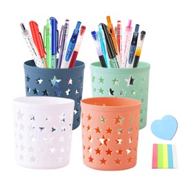 MAINOSHY 4PCS Pencil Holder Cup Hollow Star Pencil Pots Multifunction Makeup Brush Holder Desk Organiser Stationery Storage with Sticky Notes for Office, Home, Classroom