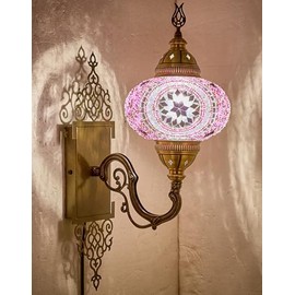 Turkish Moroccan Mosaic Plug-in Wall Sconce Lamp, Handmade Tiffany-Style Glass Globe, Ornate Brass Base, 5.2-ft Cord, Decorative Lighting for Living Room, Bedroom, Dining Room, Kitchen, 15x5 in, Lilac