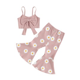 Toddler Baby Girl Summer Clothes Spaghetti Strap Tank Top Daisy Bell-Bottoms Pants Little Girl Outfits Set (Pink Daisy, 18-24 Months)