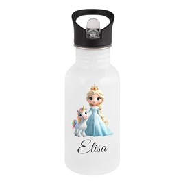 Personalisierte Trinkflasche Kinder Edelstahl [ 400ml ] - Robuste Trinkflasche mit Namen und Prinzessin mit Einhorn - Wasserflasche mit Trinkhalm