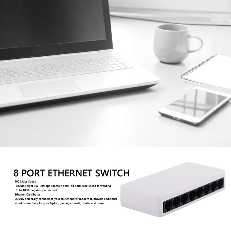 8 Port 10/100Mbps Ethernet Switch Support Desktop Wall Mount Unmanaged