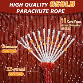 Thadavo Reflective Paracord Rope 850Ib, 50/100/200/500/1000ft 4MM 11 Strand Cords Lanyard Utility Parachute Cord for Tent Camping Hiking Fishing Survival Tactical Clothesline DIY Projects, Red