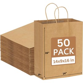 JET PAPER BAGS - 14”x9”x16” Inch [50 Pcs] Large Brown Paper Bags with Handles Prime for Takeout, Grocery, Goody, Retail, Party, Gifts, Weddings - Recyclable Kraft Paper Gift Bags with Handles