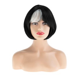 Dsimeig Black and White Bob Wig Short Straight with Bangs for Women Synthetic Natural Looking Cosplay Hair Wig