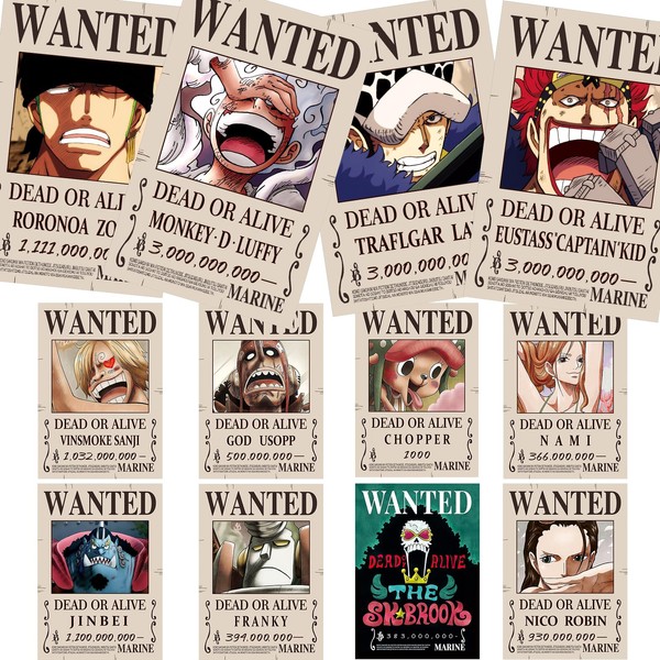 FISH DRAGATE Pack of 12 Anime One Piece Poster 7.8 x 11.2 Inch New Bounty Wanted Edition Straw Hat Pirate Nika Ruffy Gear 5, Zoro Sanji Fifth Gear Ruffy, Kidd, Law, Wall Collage Kits