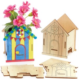 Baker Ross FC791 Beach Hut Wooden Building Set Flower Pot - Pack of 3, Wooden Craft Sets for Children for Crafts, Painting and Decorating