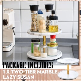 Colingmill 2-Tier Marble Lazy Susan, 10'' Circular Marble Stone Decorative Tray Organizer, Rotating Bathroom Turntable, Kitchen Spice Rack Organizer for Countertop Vanity Dresser Dining Table Pantry