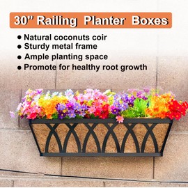 JFFLYIT Flat Railing Planter Window Box Wall Hanging Planters (2 Pack, 30 Inch) Balcony Fence Planter with Coco Liner, Horse Trough Planter Metal Window Planter Box for Outdoor Plant Holder Rail Deck